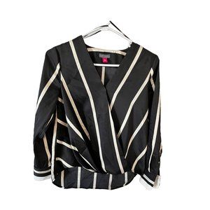 Vince Camuto Womens Size XXS Wrap Blouse Black And Cream Striped Lined
